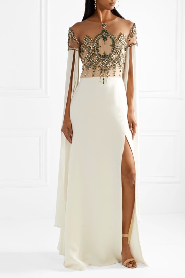 Reem Acra Embellished tulle-paneled silk gown